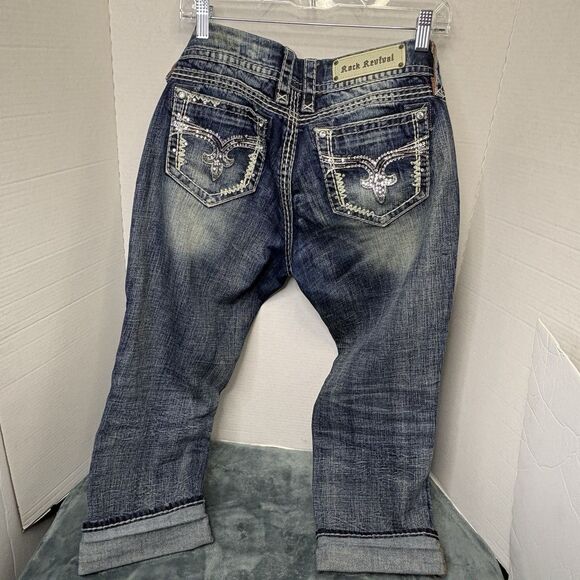 WOMENS Rock Revival LYNKAI Crystal Rhinestone Stitched Easy Crop Jeans 32 Y2K - Picture 4 of 16